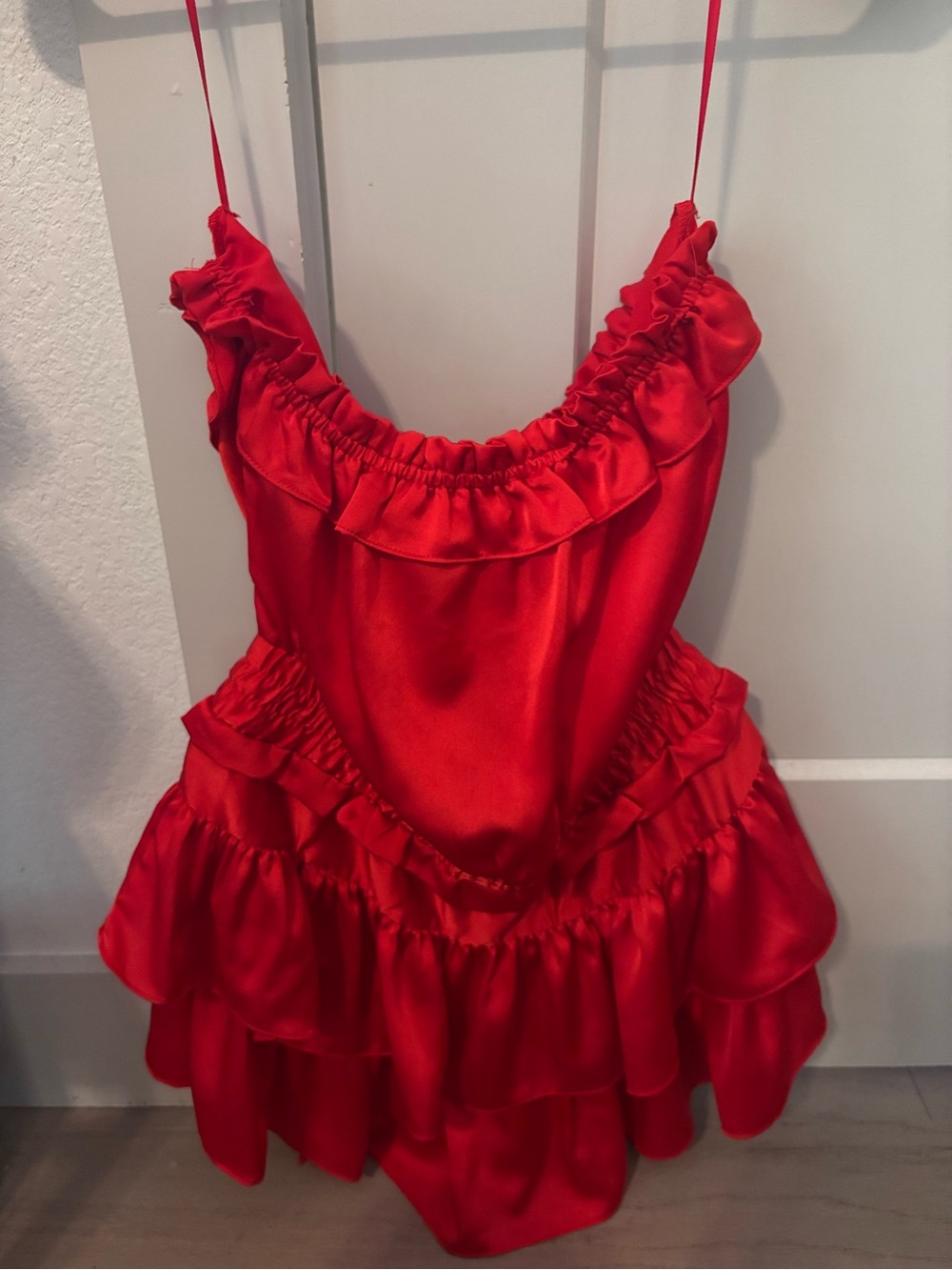 Red Ruffle Strapless Satin Romper - Picture 2 of 3